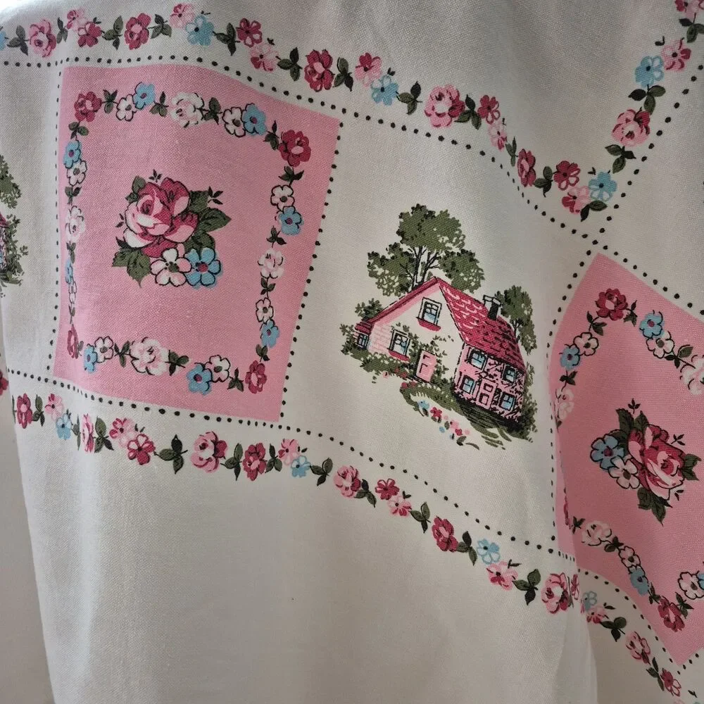 Vintage White Pink Cotton Floral Roses Cottagecore Square Tablecloth 54 x 76 IN